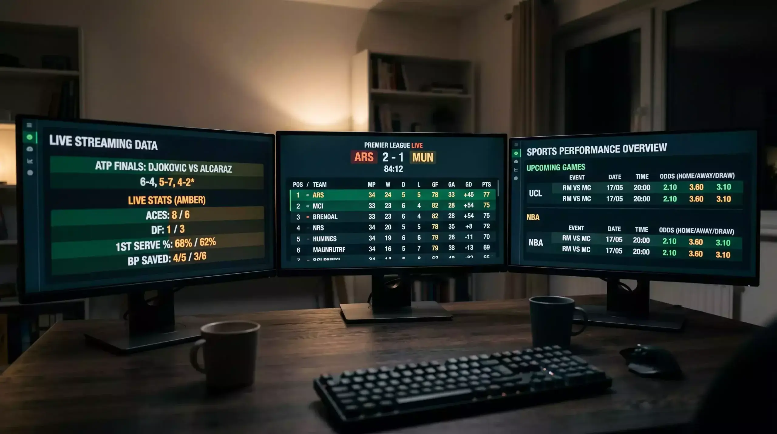 Multiple monitors displaying live baseball game data and scrolling numerical feeds in a dimly lit room