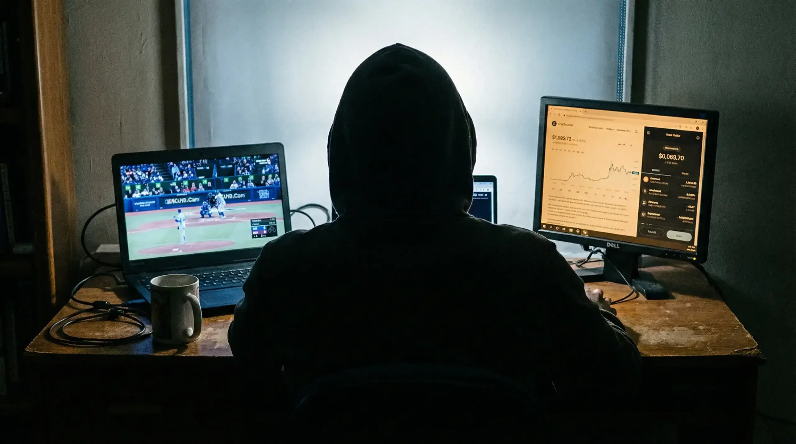 Hooded figure sitting at a desk with a laptop displaying a baseball game and a cryptocurrency wallet on screen