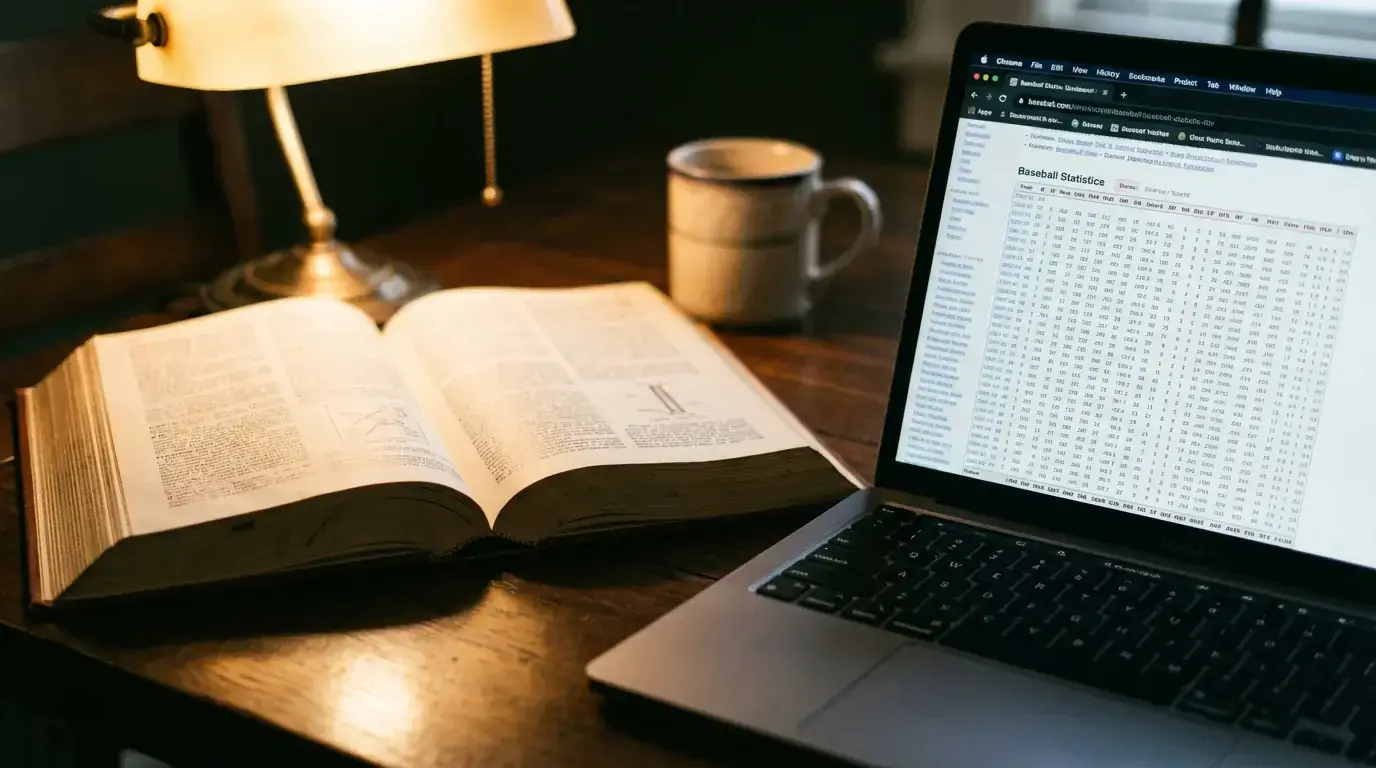 Open reference book on a wooden table beside a laptop showing a baseball statistics page