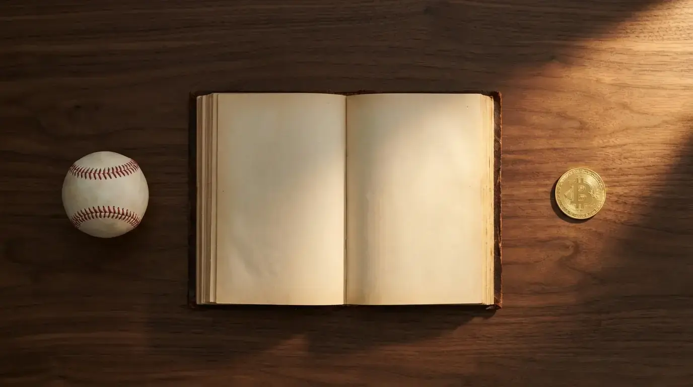 Leather-bound legal book open on a wooden desk beside a baseball and a gold Bitcoin coin
