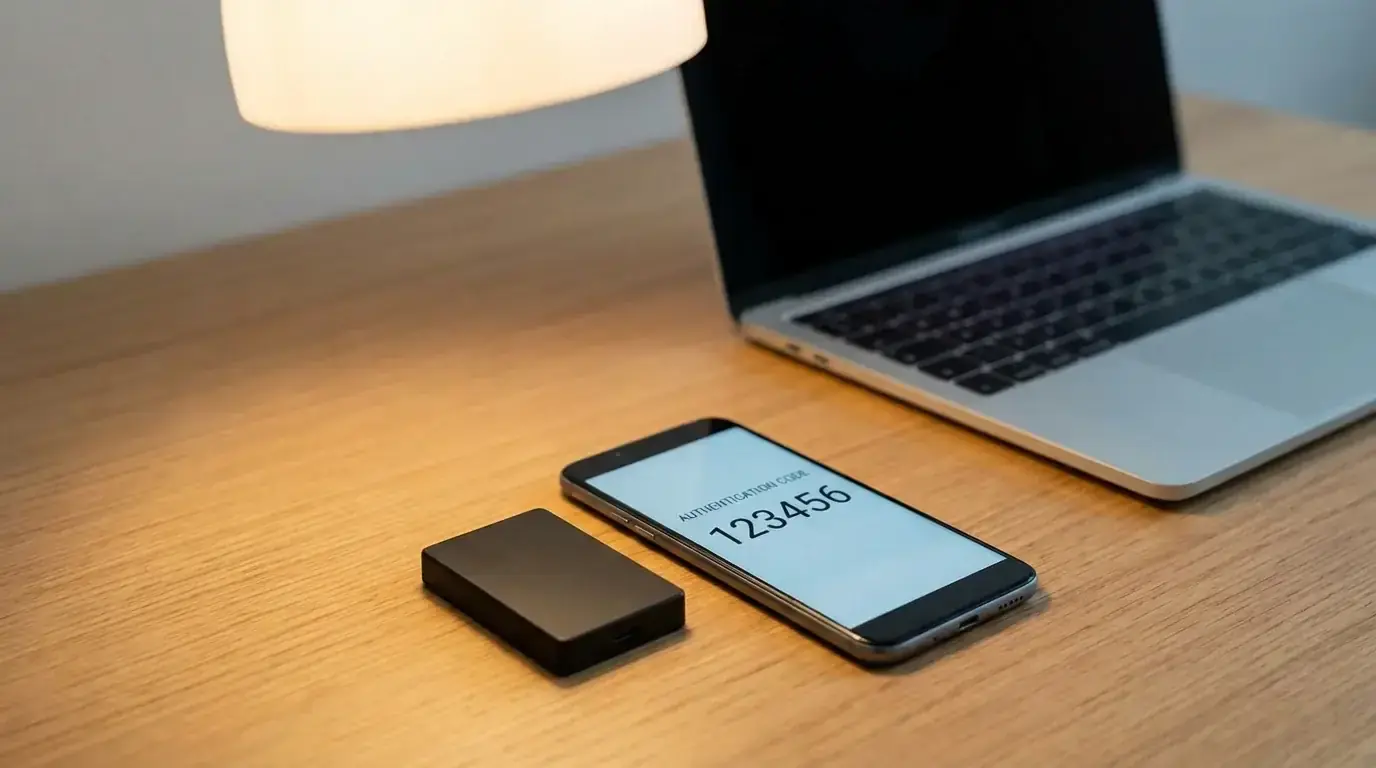 Hardware cryptocurrency wallet next to a smartphone showing a two-factor authentication code on a desk