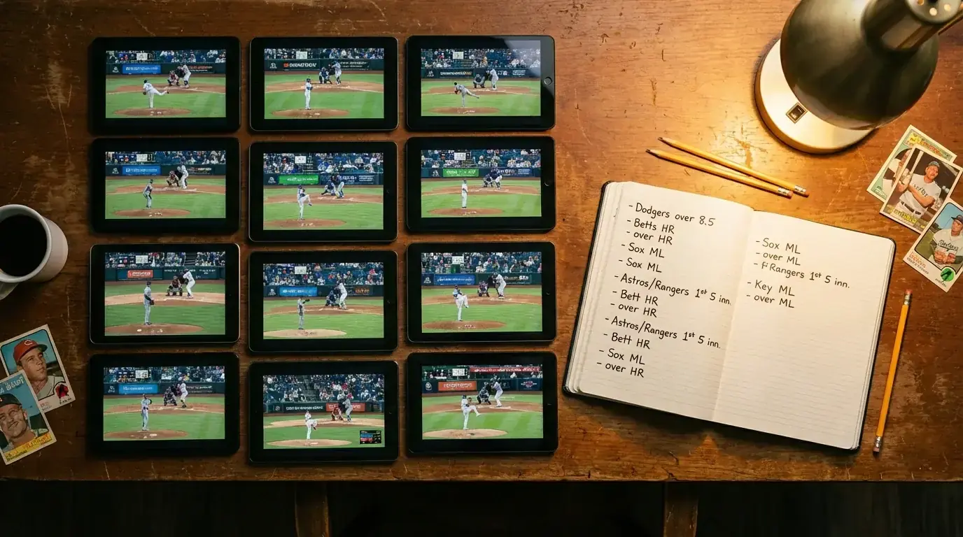 Multiple baseball games shown on stacked screens representing multi-leg parlay selections