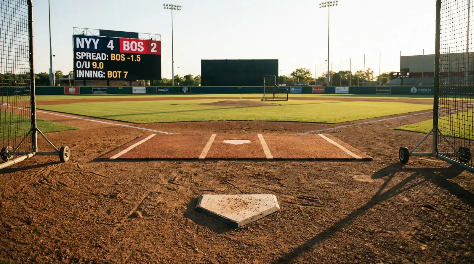 Baseball diamond viewed from behind home plate with a digital scoreboard showing run line spread numbers