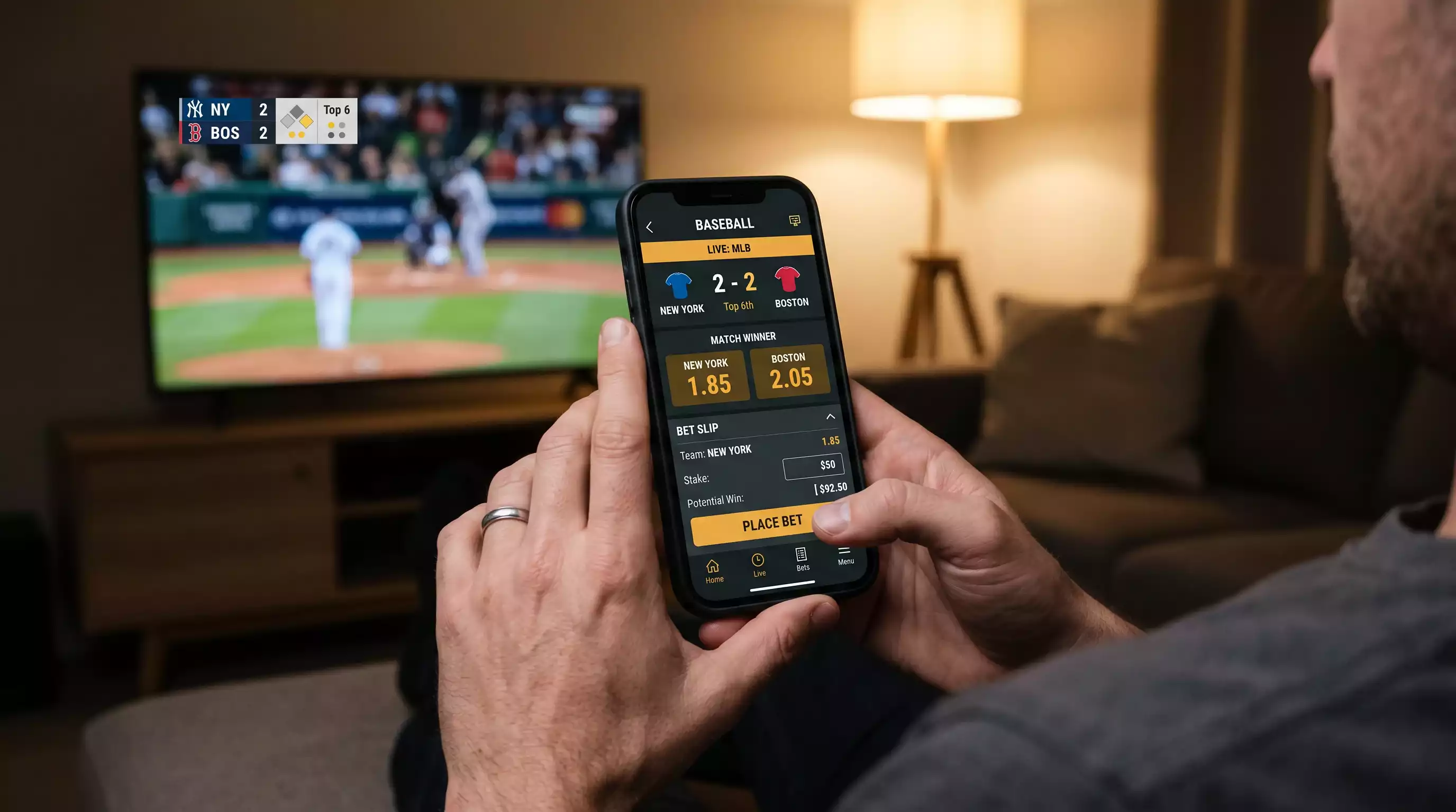 Smartphone displaying a baseball sportsbook interface with cryptocurrency deposit options