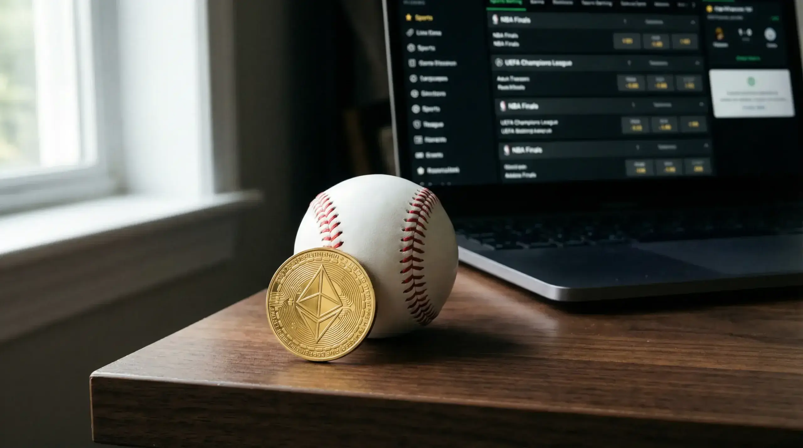 Ethereum coin next to a baseball on a wooden desk with a laptop open in the background
