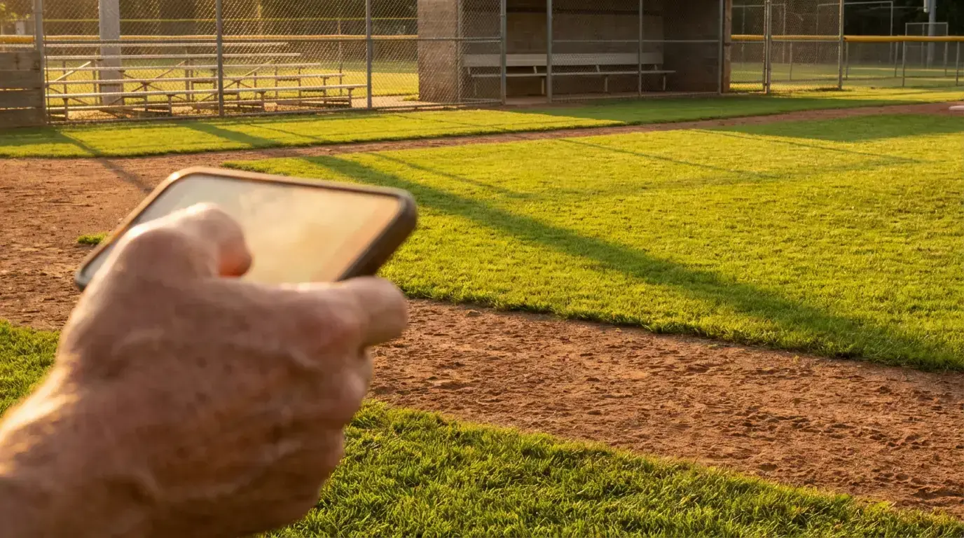 Hand holding a smartphone near a baseball diamond with afternoon sunlight casting long shadows on the grass