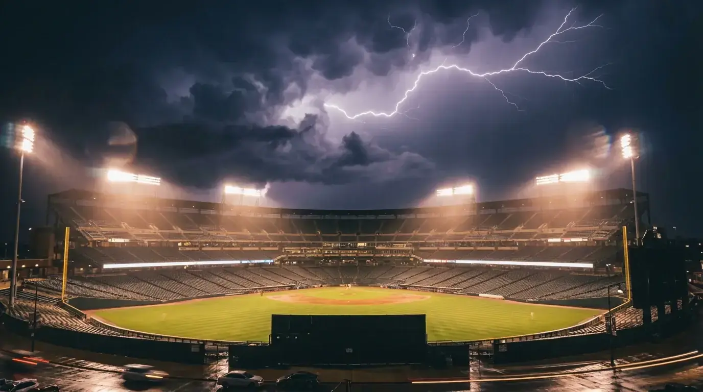 Lightning bolt illuminating a baseball stadium at night with Bitcoin symbols on the scoreboard