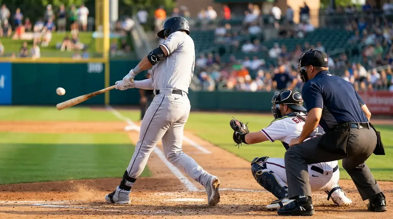 Close-up of a baseball batter mid-swing at home plate with the catcher and umpire visible behind