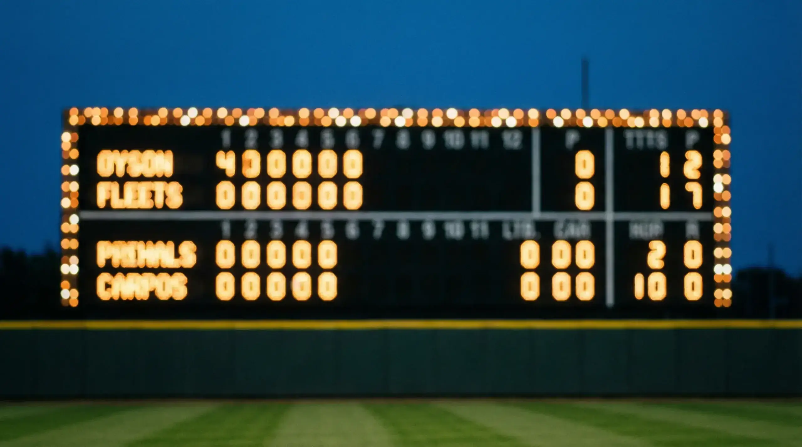 Close-up of a baseball scoreboard at dusk with warm stadium lights glowing in the background