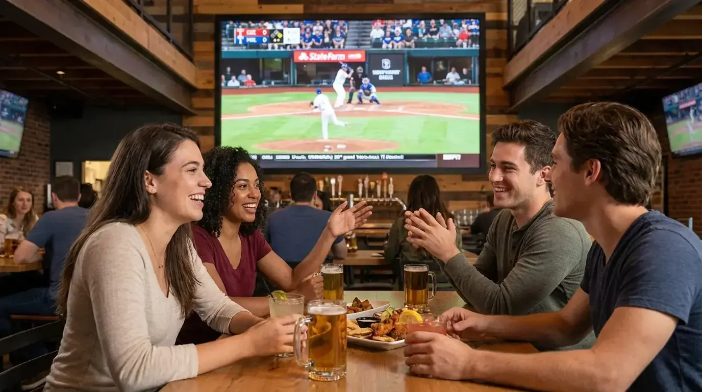 Diverse group of young adults watching a baseball game on a large screen in a modern sports bar