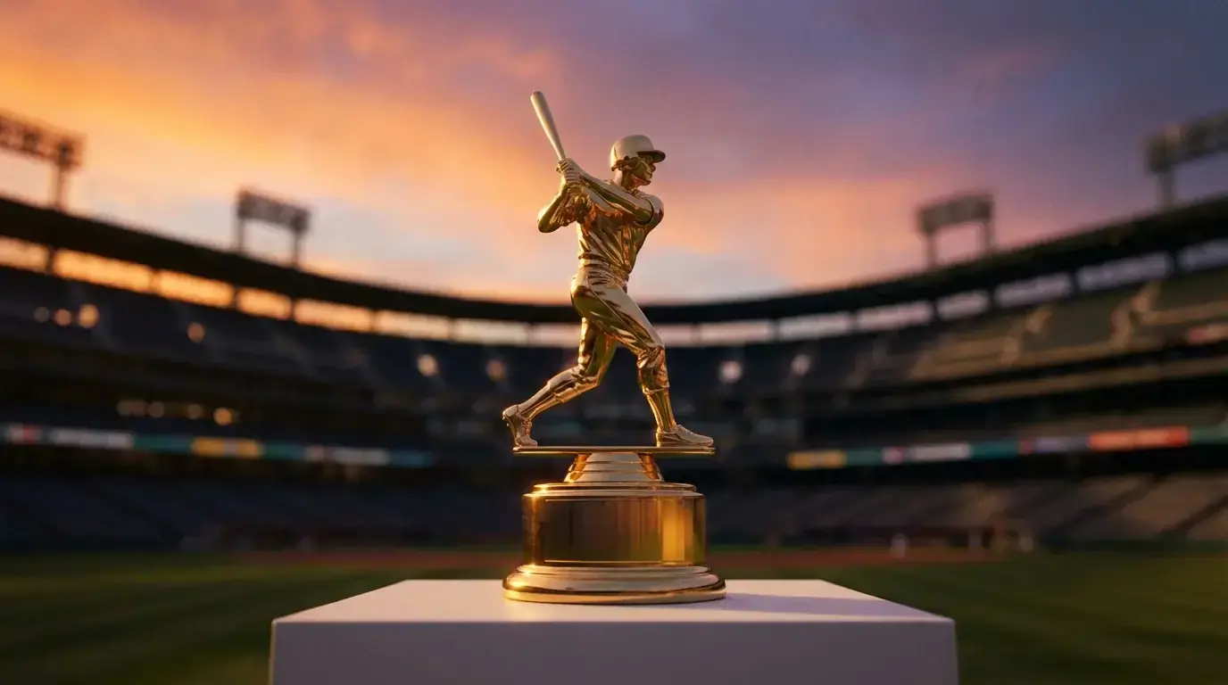 World Series trophy on a podium with a baseball stadium in the background at sunset