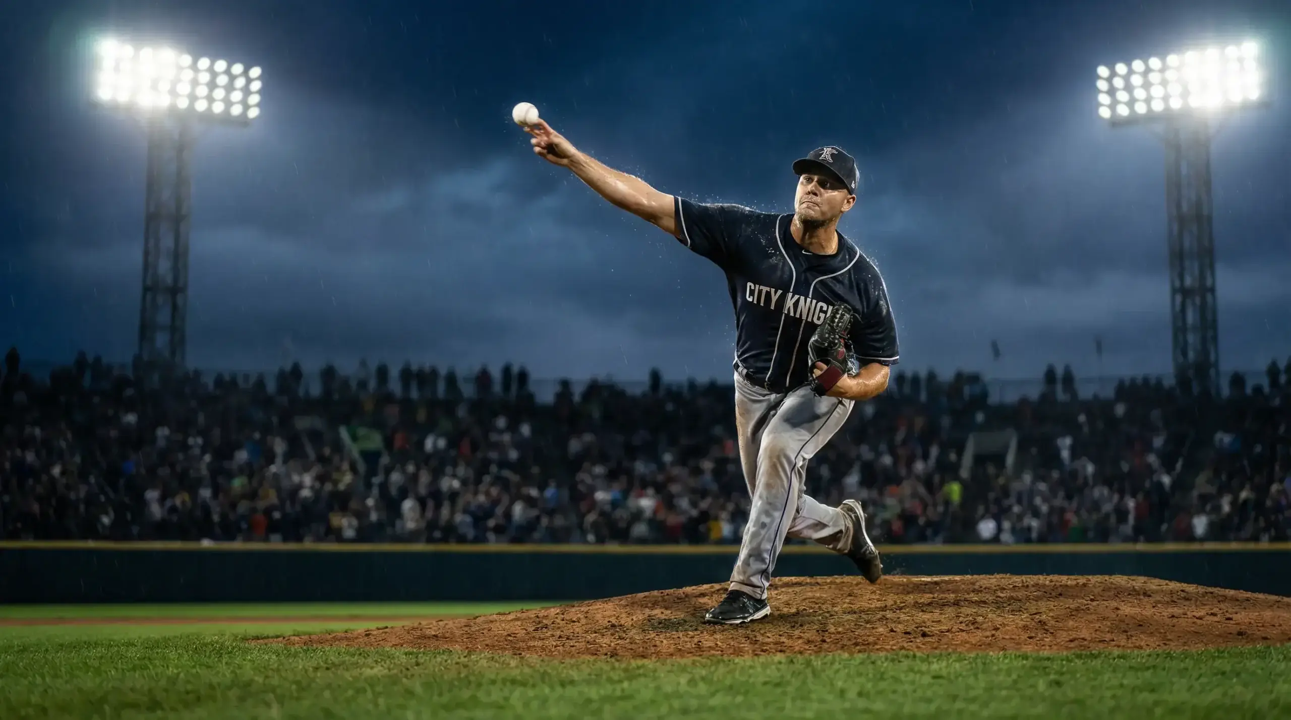 Baseball pitcher mid-delivery on the mound under stadium floodlights during a night game