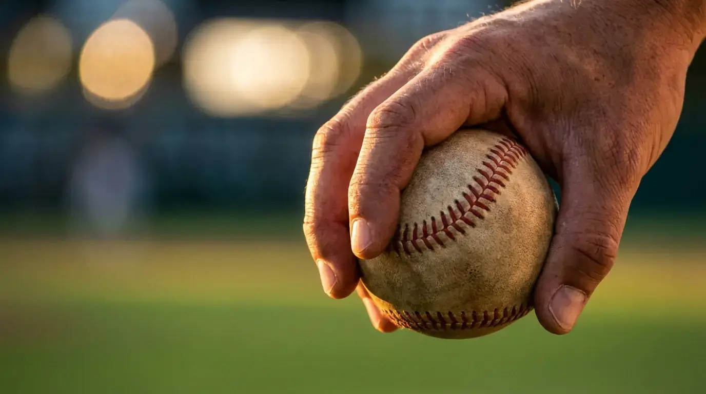 Baseball pitcher gripping a ball on the mound with stadium lights in the background