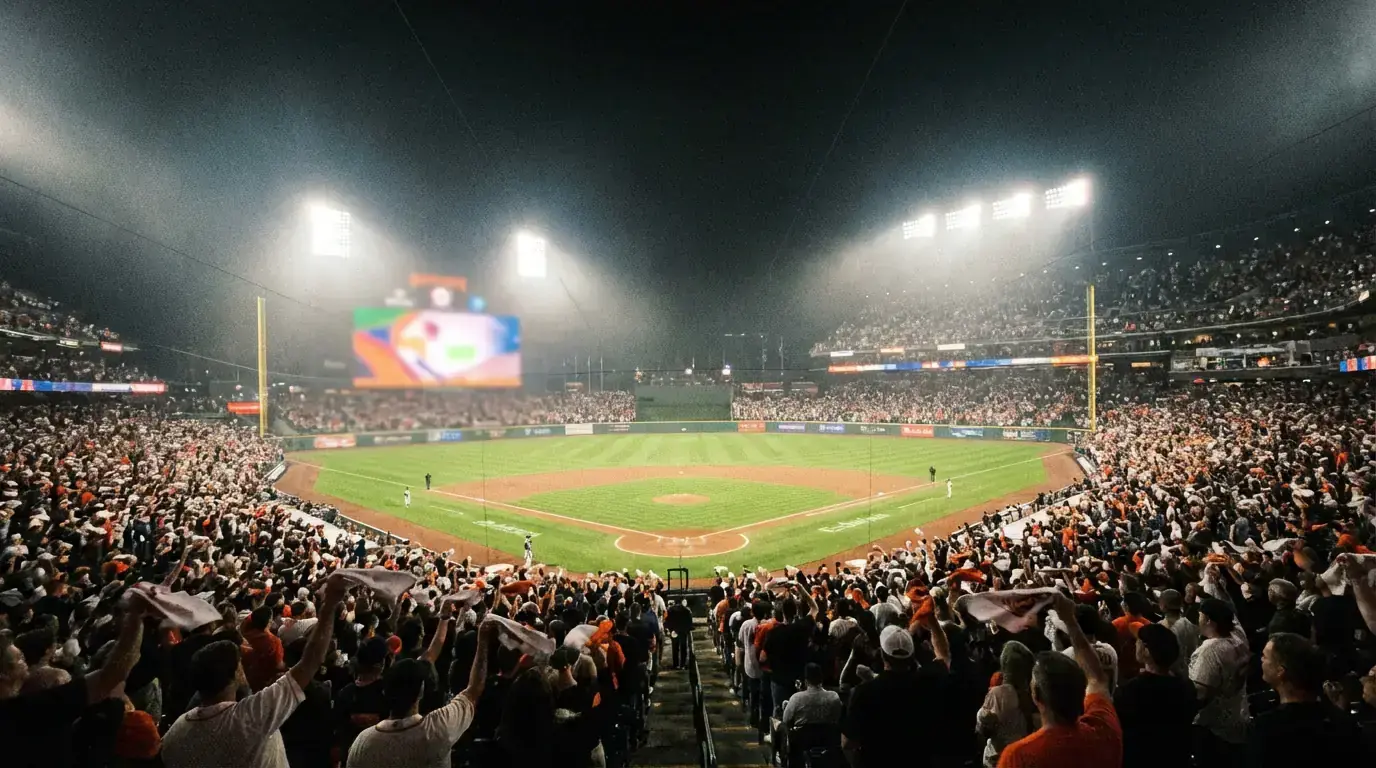 Night-time baseball stadium packed with fans during a postseason game with bright floodlights illuminating the diamond
