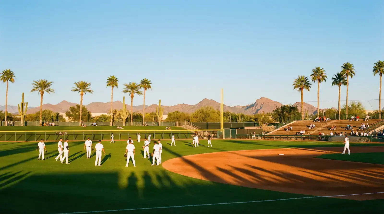 Baseball players warming up on a sunlit spring training field in Arizona with palm trees in the background