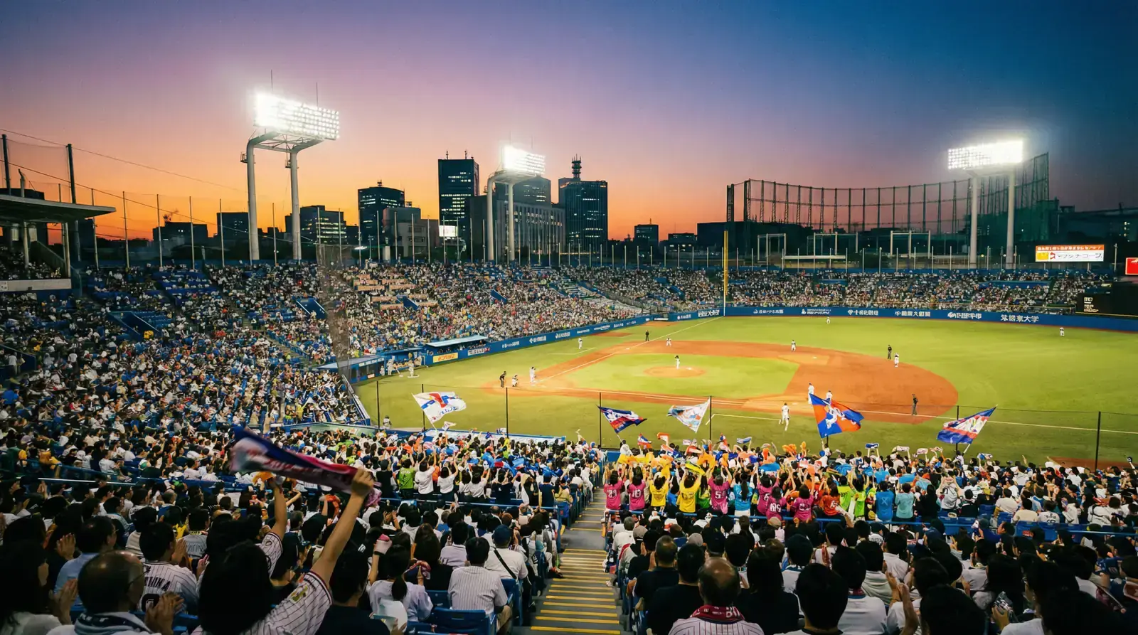 Japanese baseball stadium at dusk with fans in the stands and city skyline visible beyond the outfield