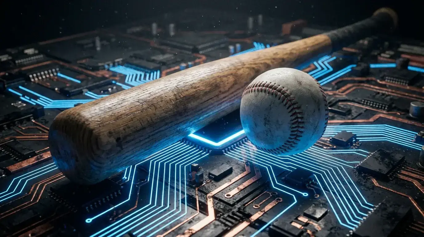 Baseball bat and ball resting on a digital circuit board surface representing on-chain sports betting