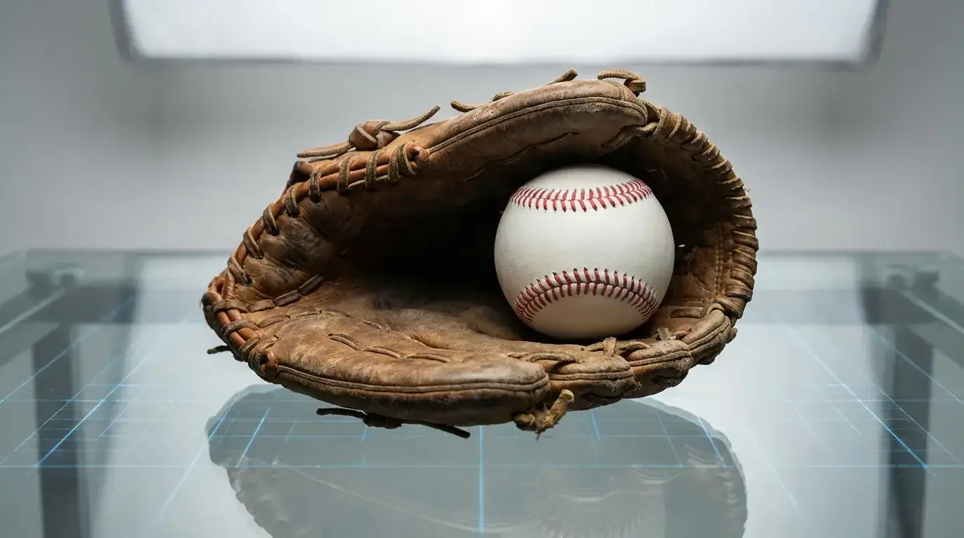 Close-up of a baseball glove holding a ball with a transparent digital chain overlay representing blockchain verification