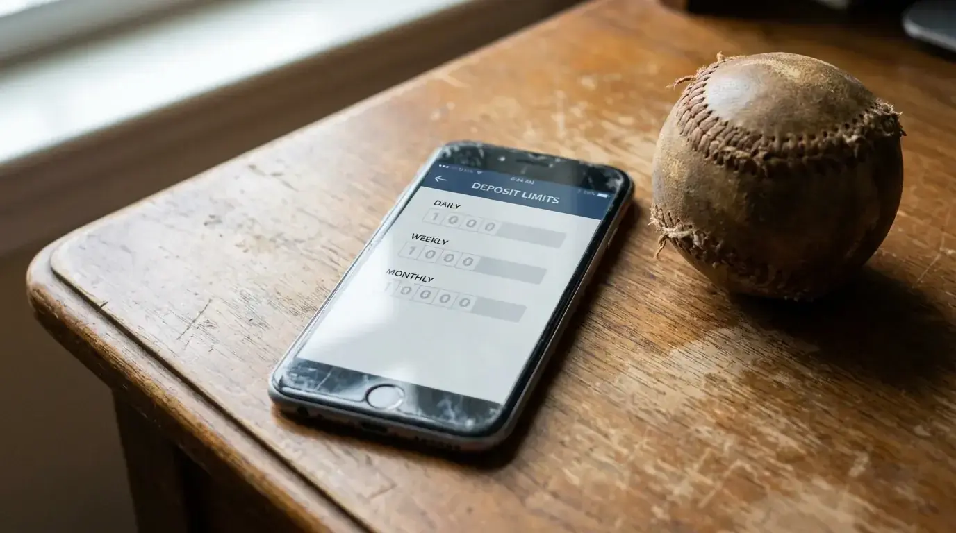 Betting limit controls on a smartphone screen beside a partially visible baseball on a wooden desk